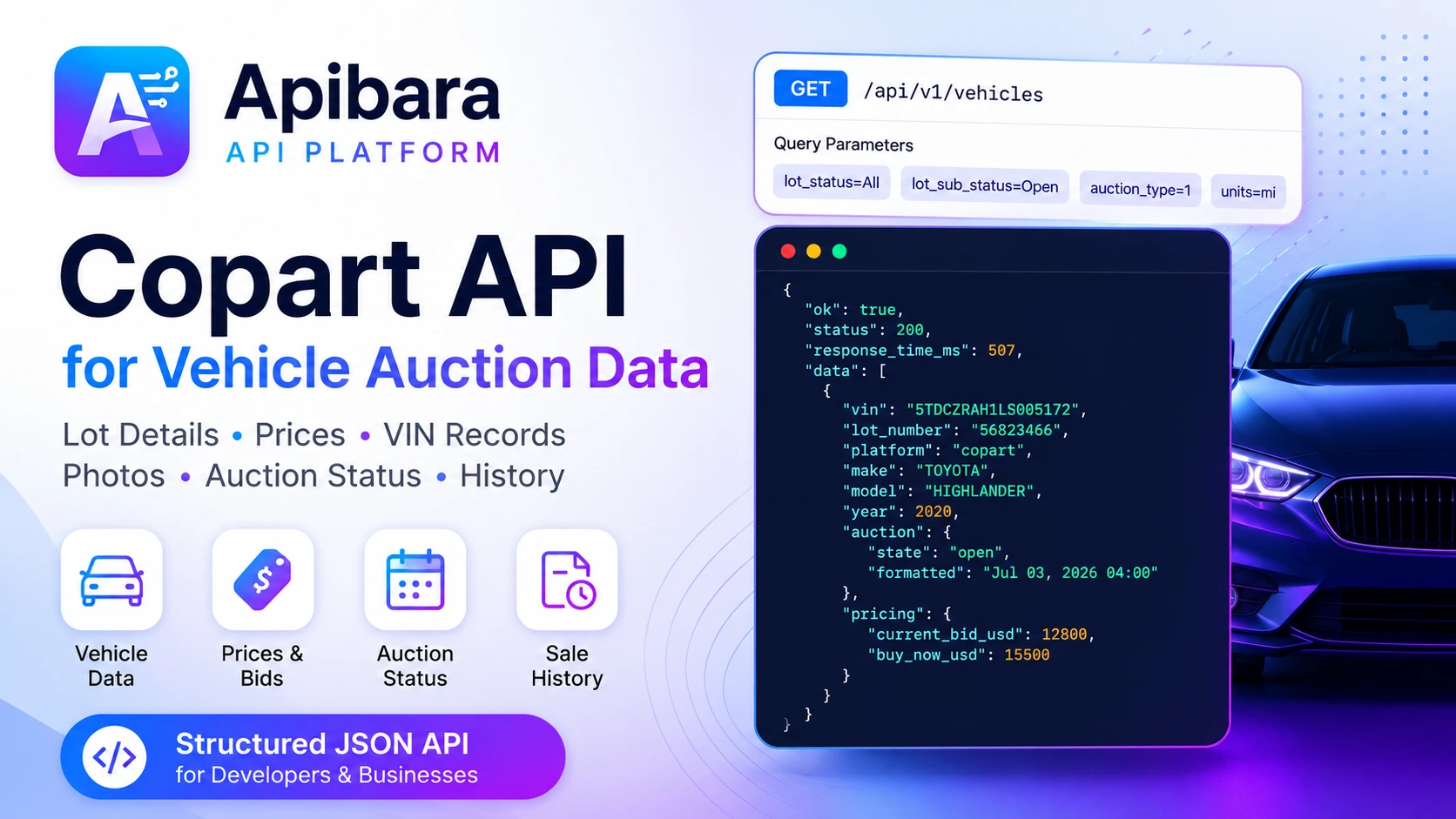 Copart API vehicle auction data with VIN, lot details, prices, damage, photos and auction status