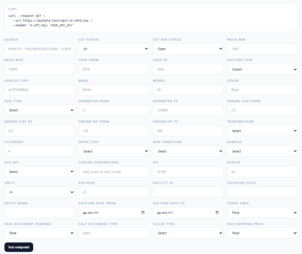 Apibara vehicle auction API filters for Copart lots