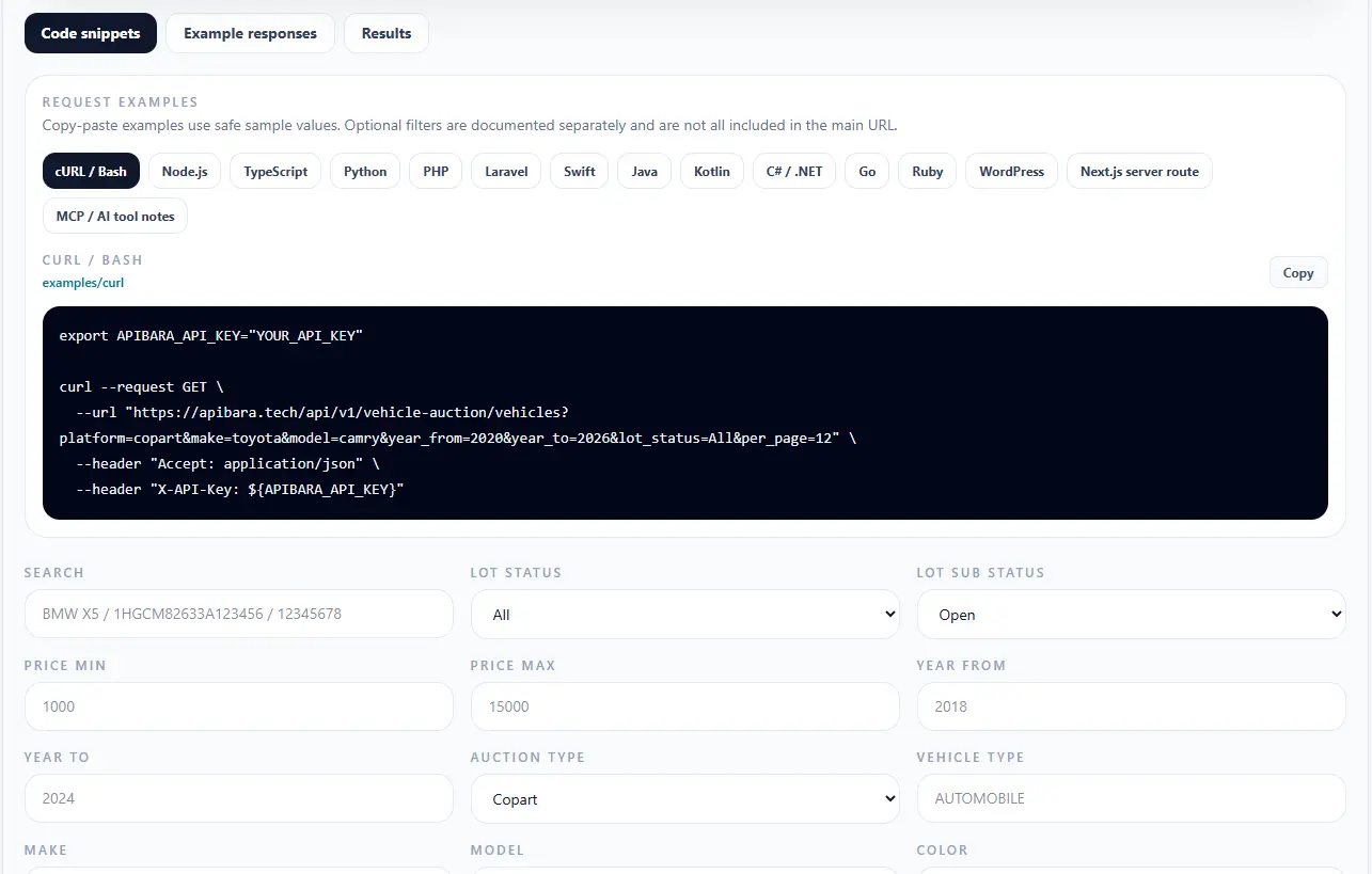 API request demo for searching Copart and IAAI vehicle auction data with filters
