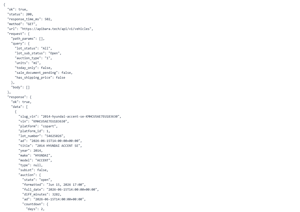 Copart API JSON response with VIN, lot number, pricing, damage and photos