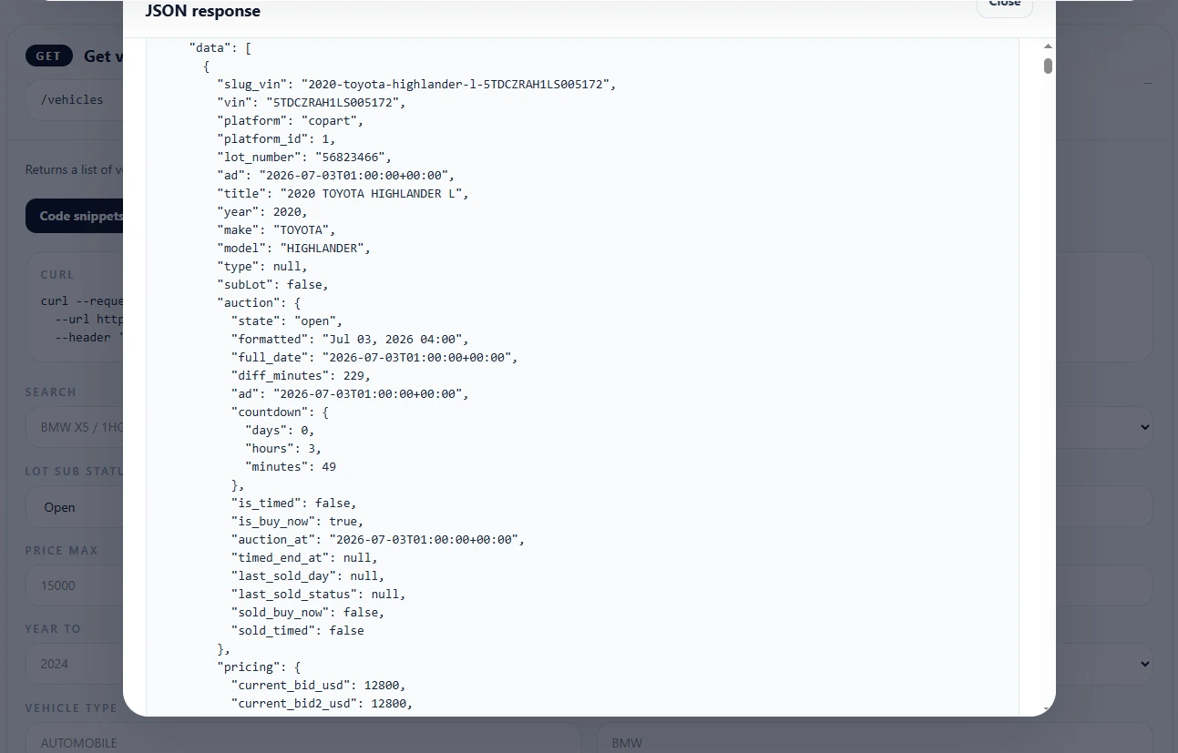Copart API JSON response showing VIN, lot number, auction status, current bid, damage and vehicle images