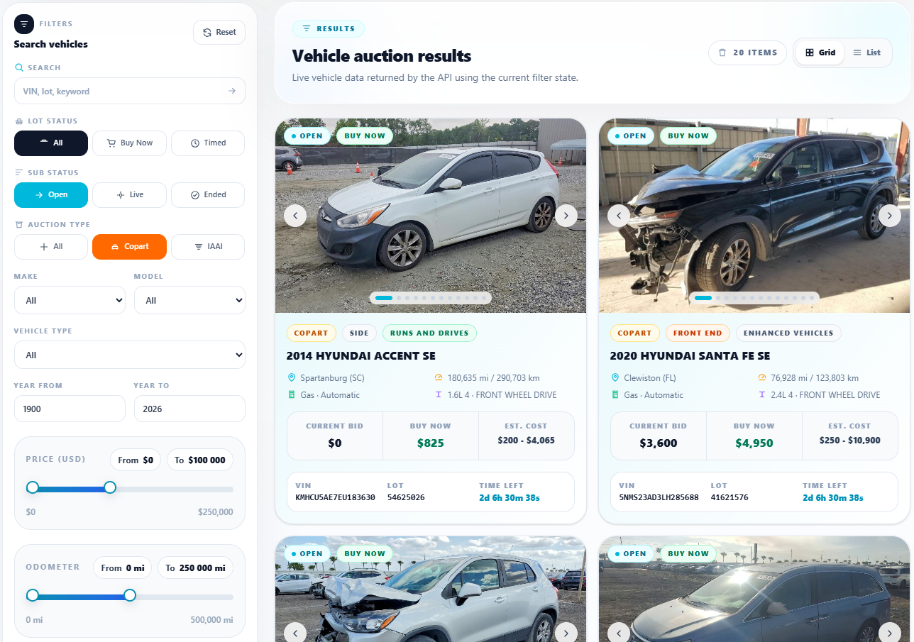 Copart vehicle auction data result with photo, VIN, lot number and Buy Now price