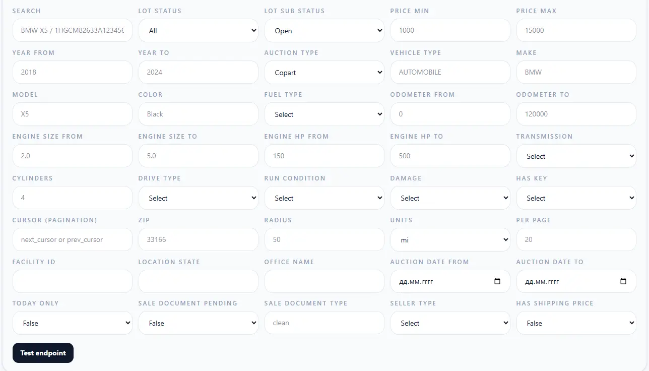 Vehicle auction API filters for platform, make, model, year, status, damage, odometer and location