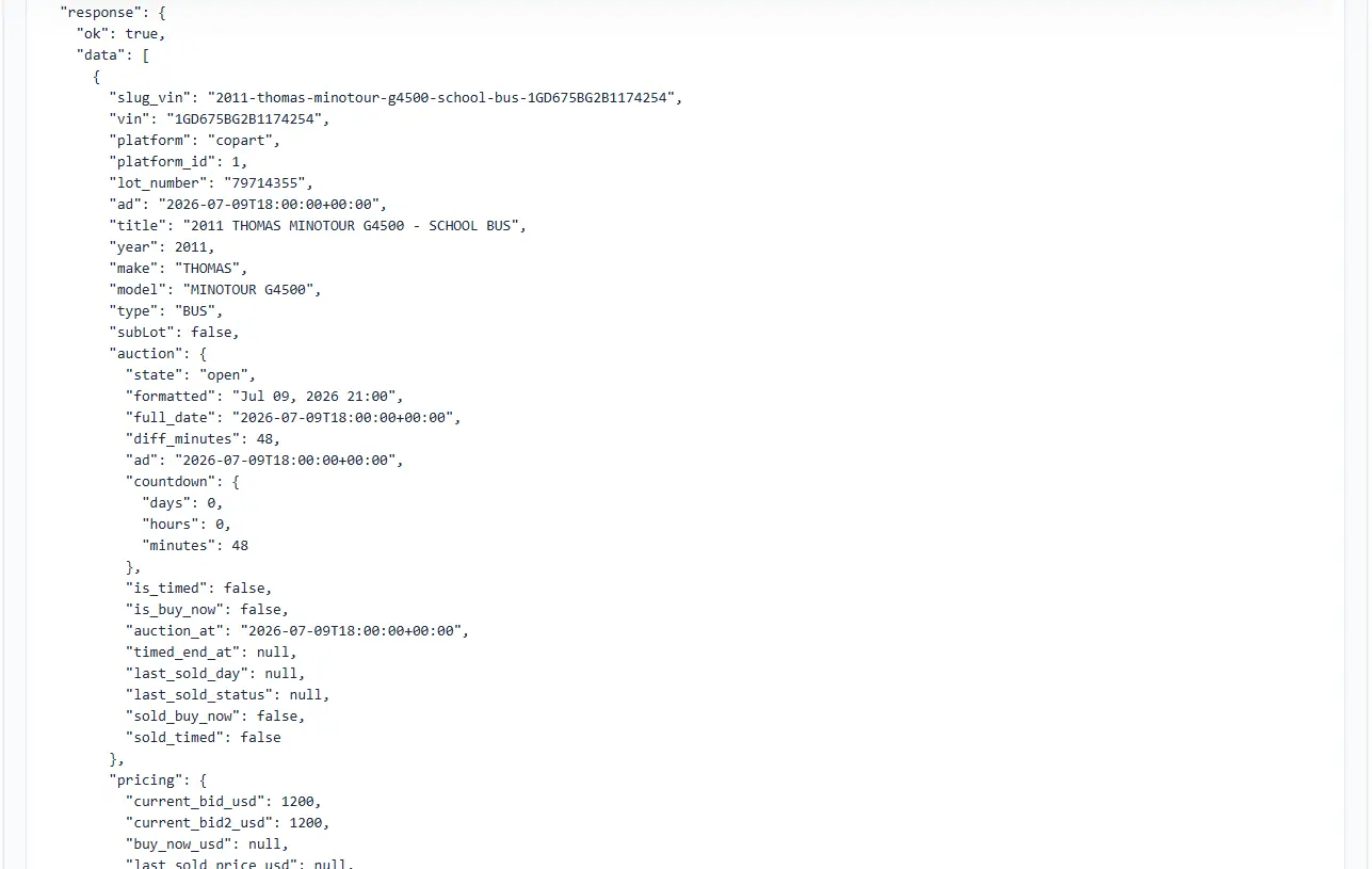 JSON response from Vehicle Auction Data API with VIN, lot number, pricing, status, condition and media fields
