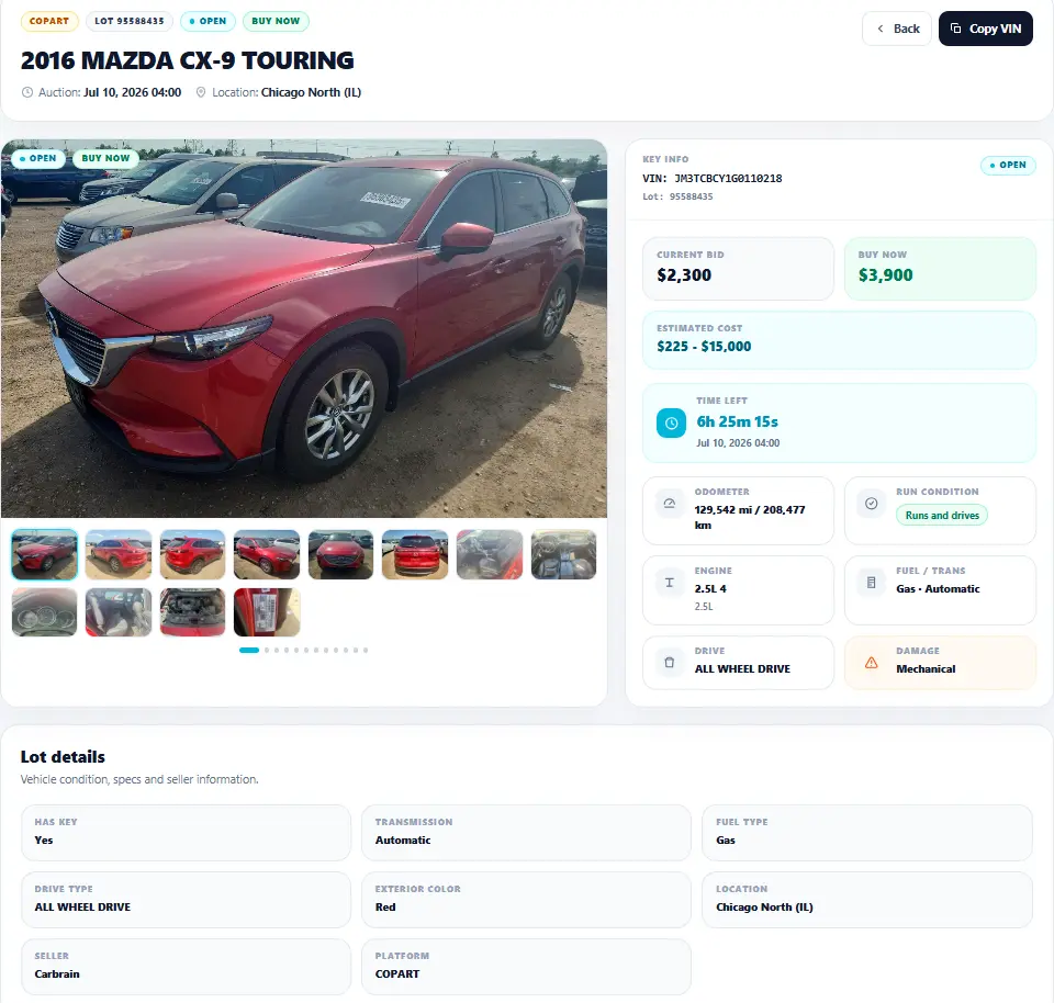 Vehicle auction detail page with VIN, lot number, current bid, auction status, damage, odometer and photos