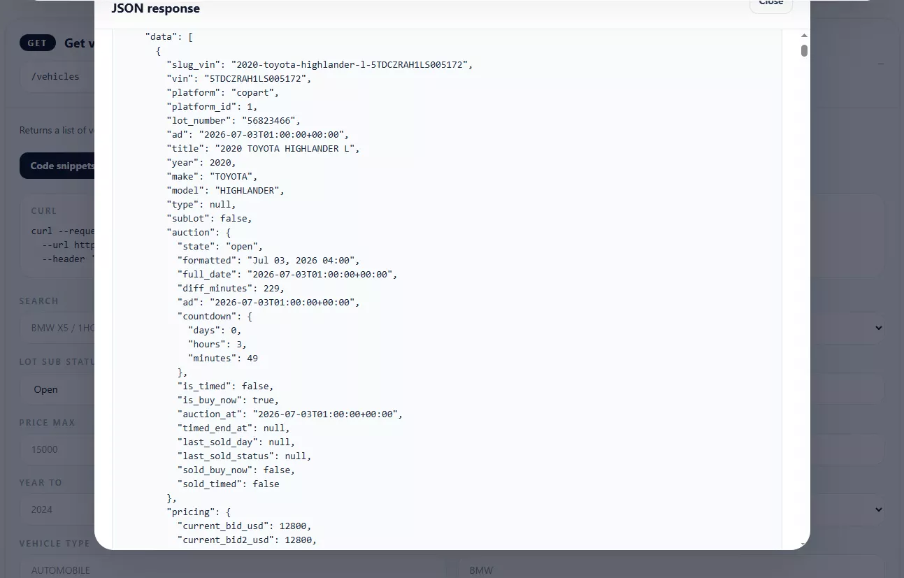 Copart API JSON response showing VIN, lot number, auction status, current bid, damage and vehicle images